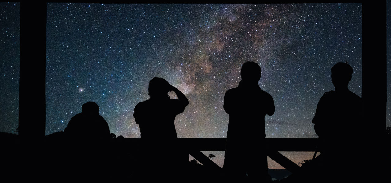 Four people stargazing silhouetted against the milky way